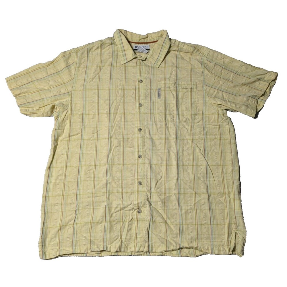 COLUMBIA‎ Men Large Cotton Yellow Multi Plaid Textured Short Sleeve Button Shirt